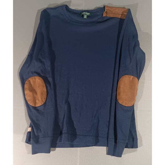 Lauren Ralph Lauren Navy Cotton Sweater, Suede Elbow‑Patch, Women’s L - Picture 2 of 8
